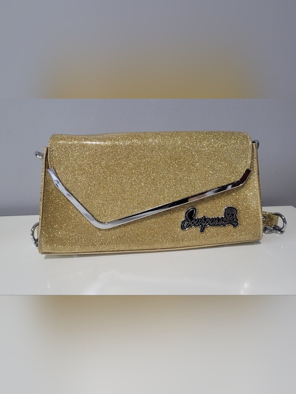 Sourpuss Gold Glitter Party Clutch, VGUC